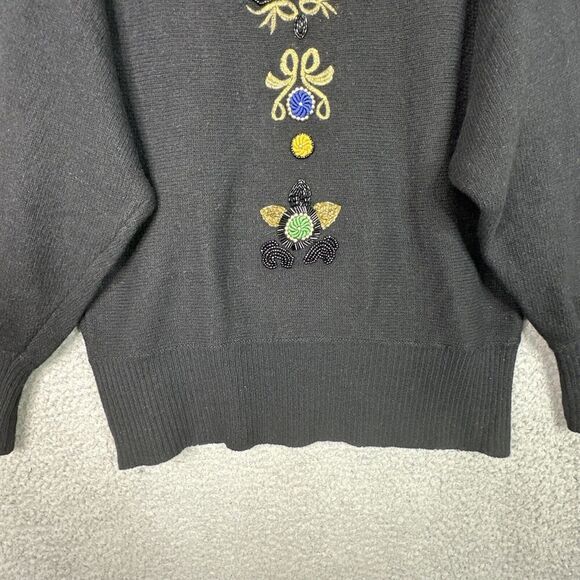VTG 80s La Mittini Wool Angora Sweater L Black Floral Embroidered Beaded Retro - Picture 7 of 13